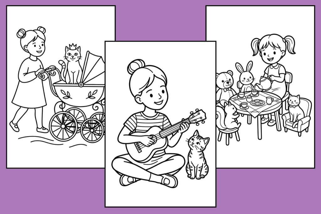 40 Cute Girl and Cat Coloring Pages for Kids, KDP Interior, PNG & PDF, Commercial Use