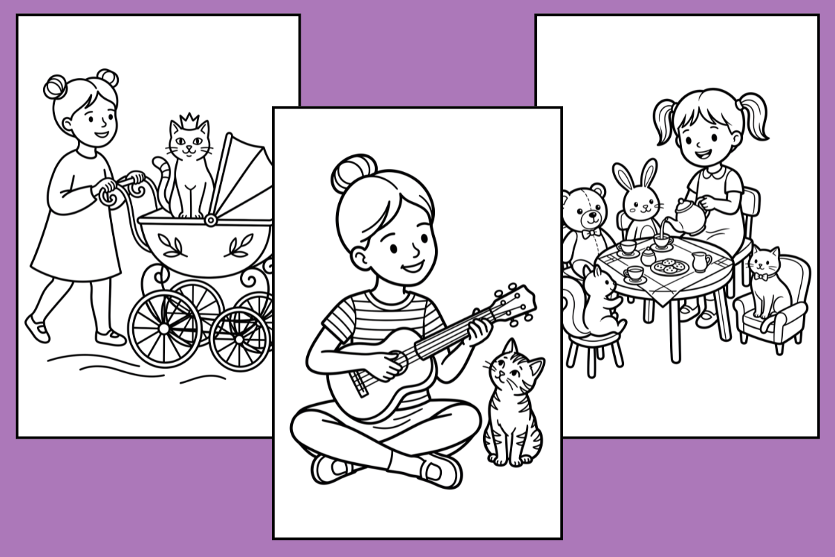 40 Cute Girl and Cat Coloring Pages for Kids, KDP Interior, PNG & PDF, Commercial Use
