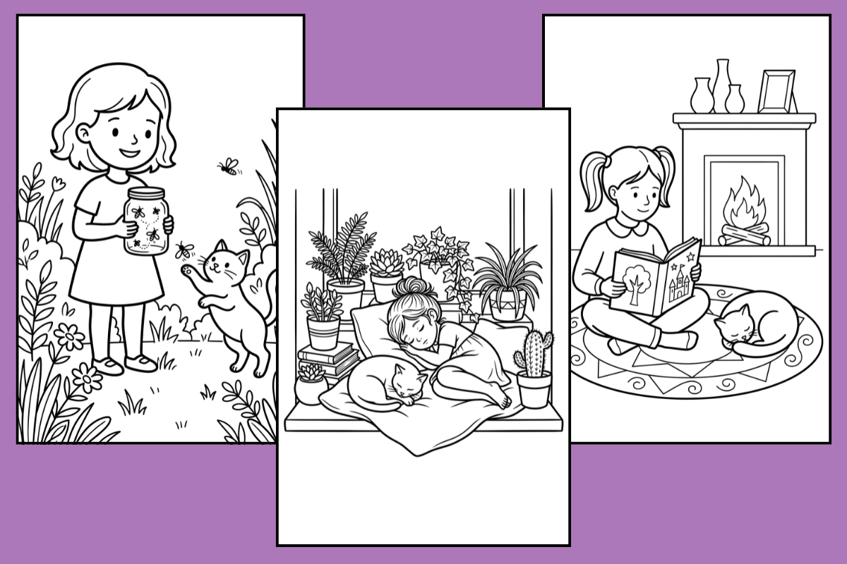 40 Cute Girl and Cat Coloring Pages for Kids, KDP Interior, PNG & PDF, Commercial Use