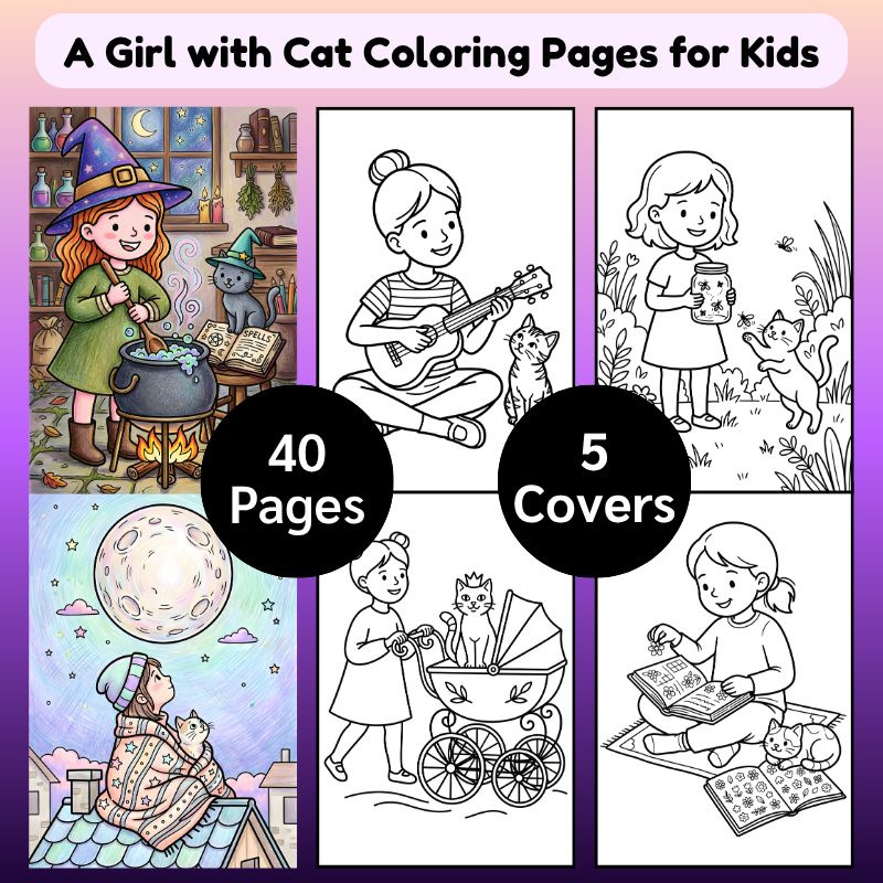 40 Cute Girl and Cat Coloring Pages for Kids, KDP Interior, PNG & PDF, Commercial Use