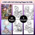 40 Cute Girl and Cat Coloring Pages for Kids, KDP Interior, PNG & PDF, Commercial Use